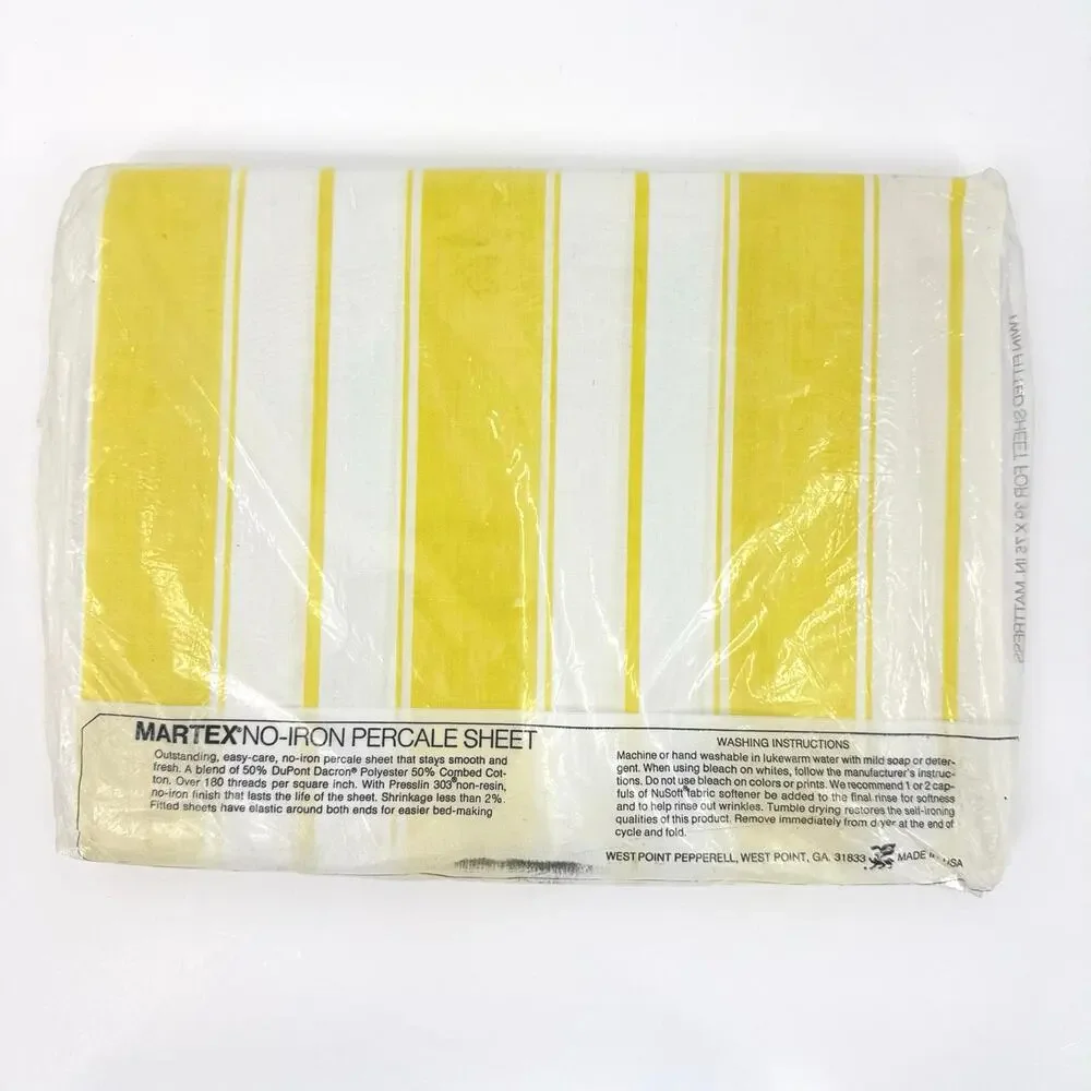 Vtg Atelier Martex Yellow White Stripe Twin Fitted Sheet No Iron Percale NOS